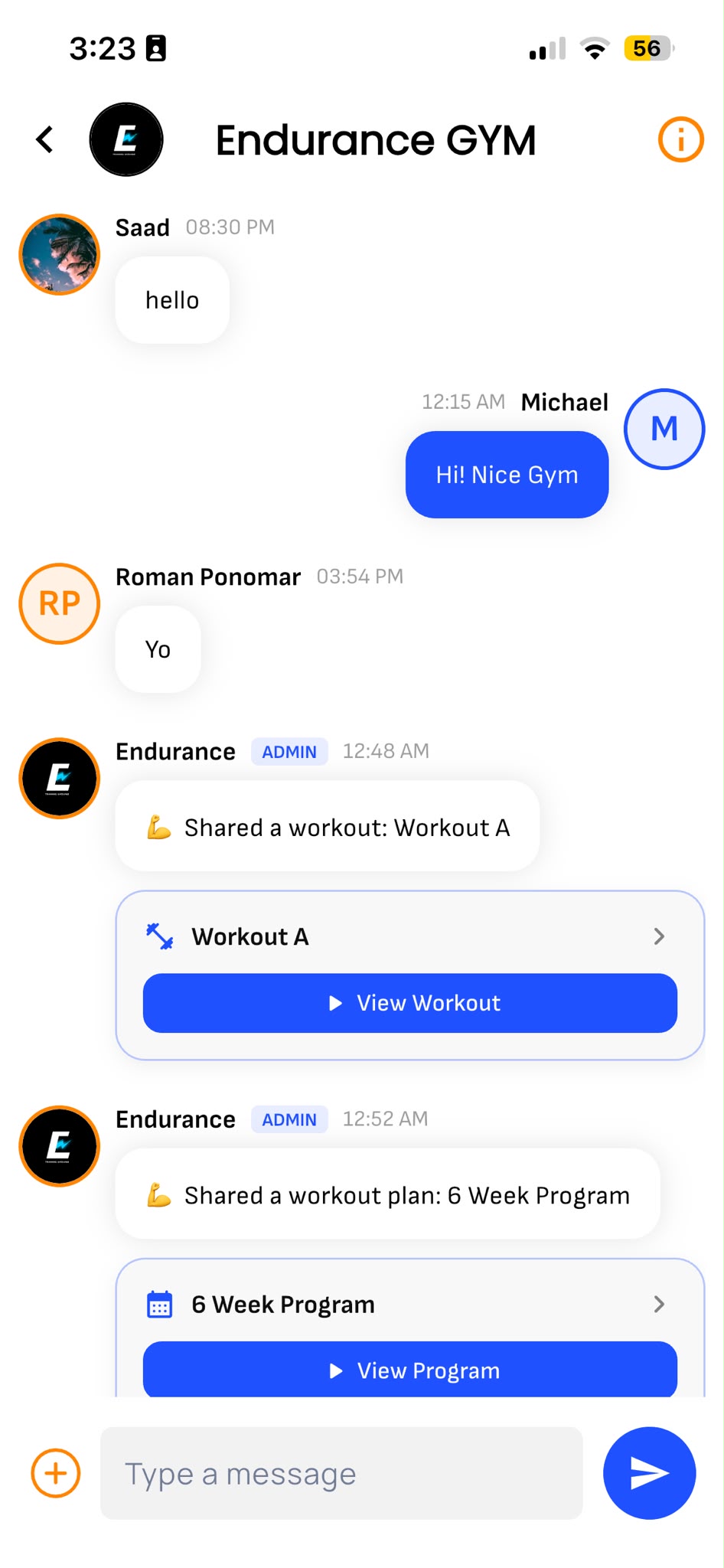 Sharing a workout and program inside a gym community chat