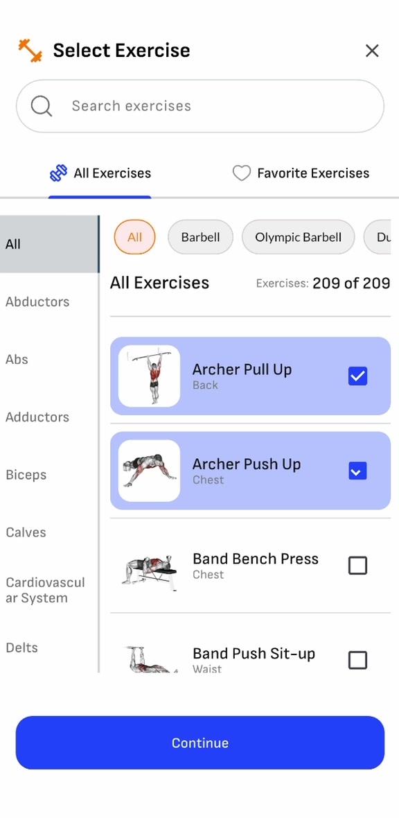 Searchable exercise library with categories and equipment filters