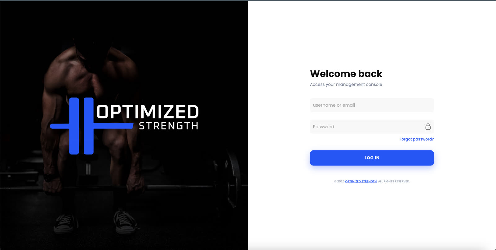 Optimized Strength gym portal — sign in