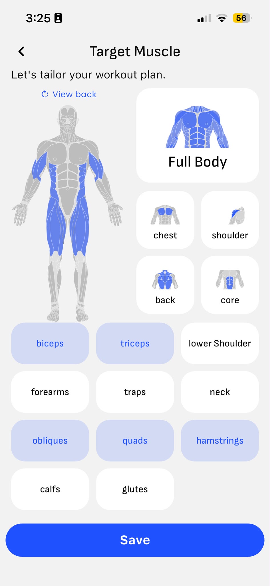 Target-muscle picker with a full-body map