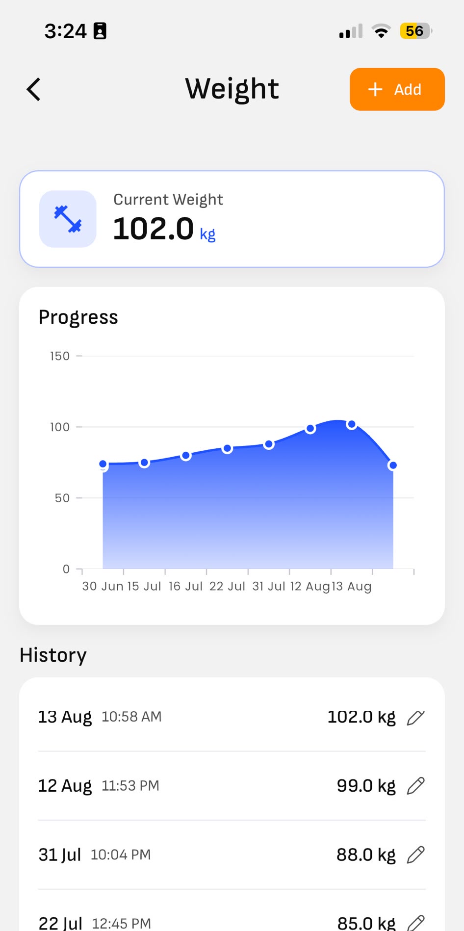Bodyweight tracking with a progress chart and history