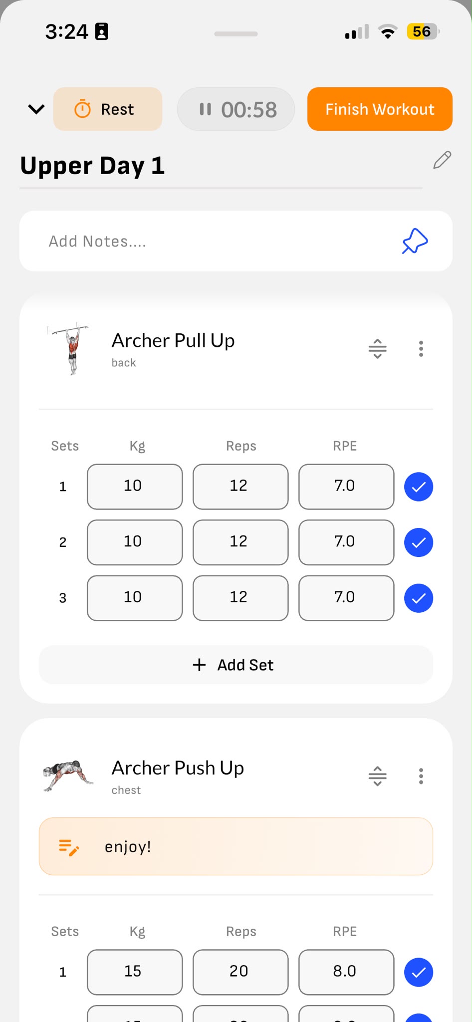 Logging sets, reps and RPE during a workout